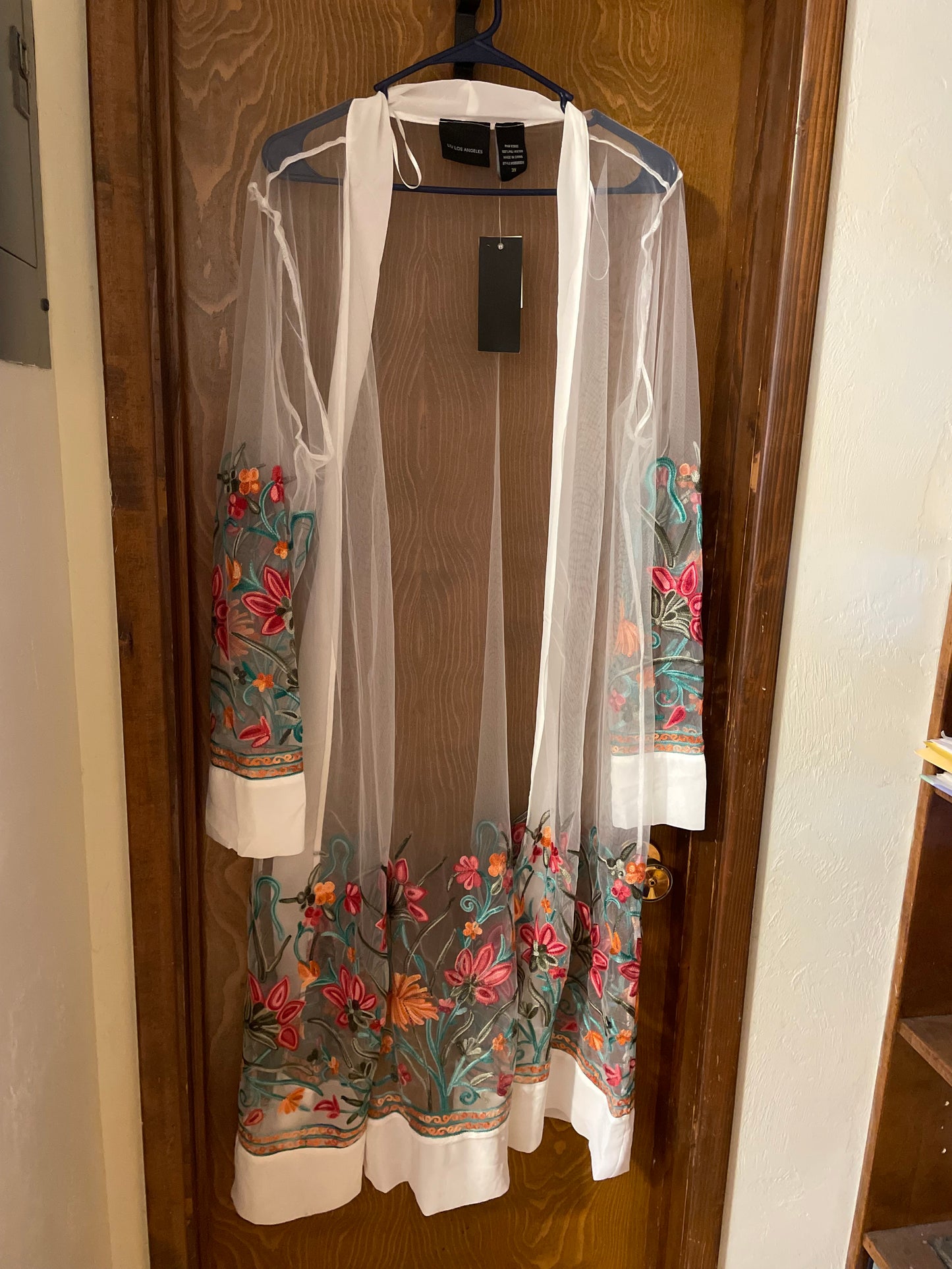 Liv Los Angeles White Sheer Kimono with colorful floral design.