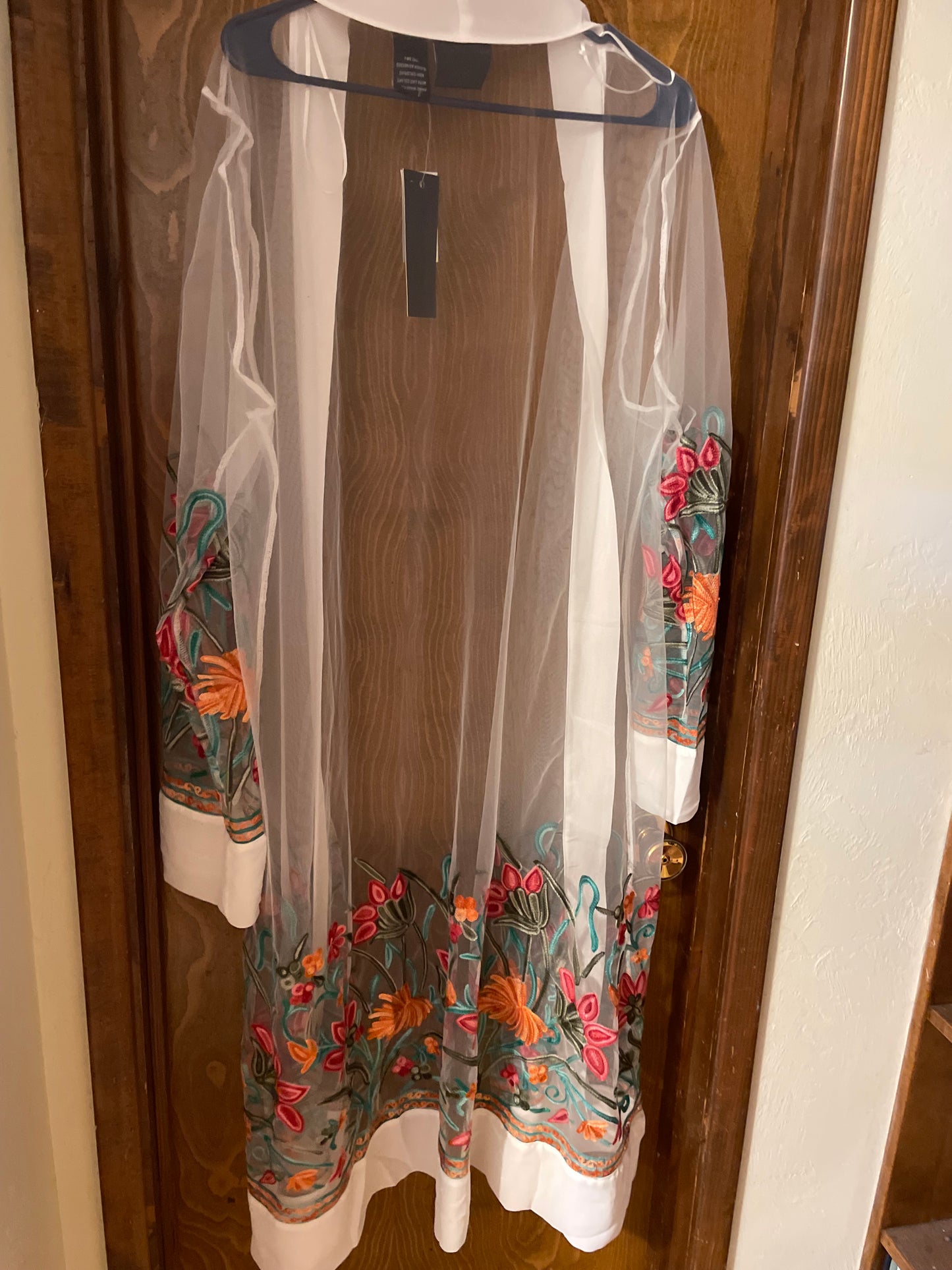 Liv Los Angeles White Sheer Kimono with colorful floral design.