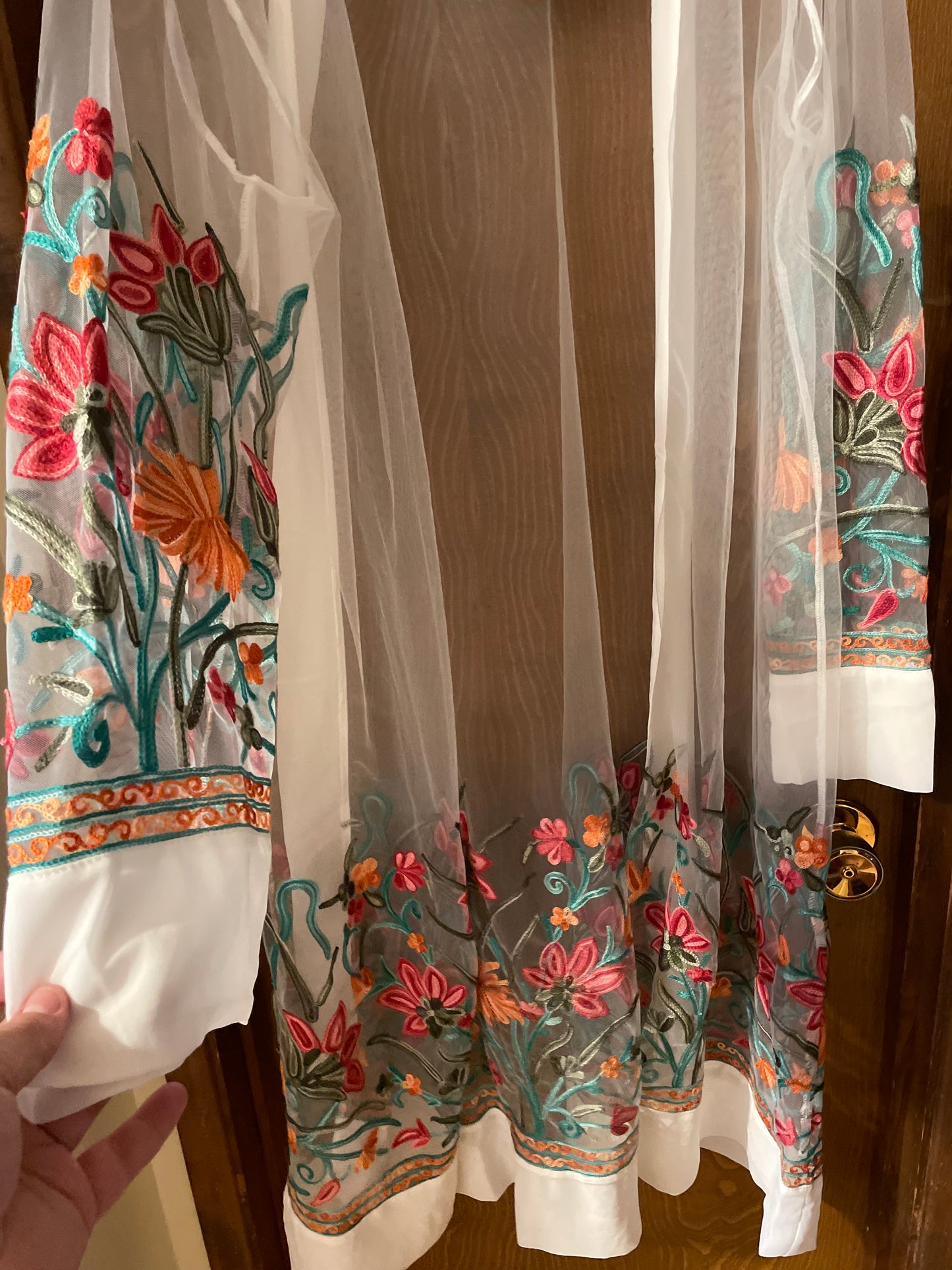 Liv Los Angeles White Sheer Kimono with colorful floral design.